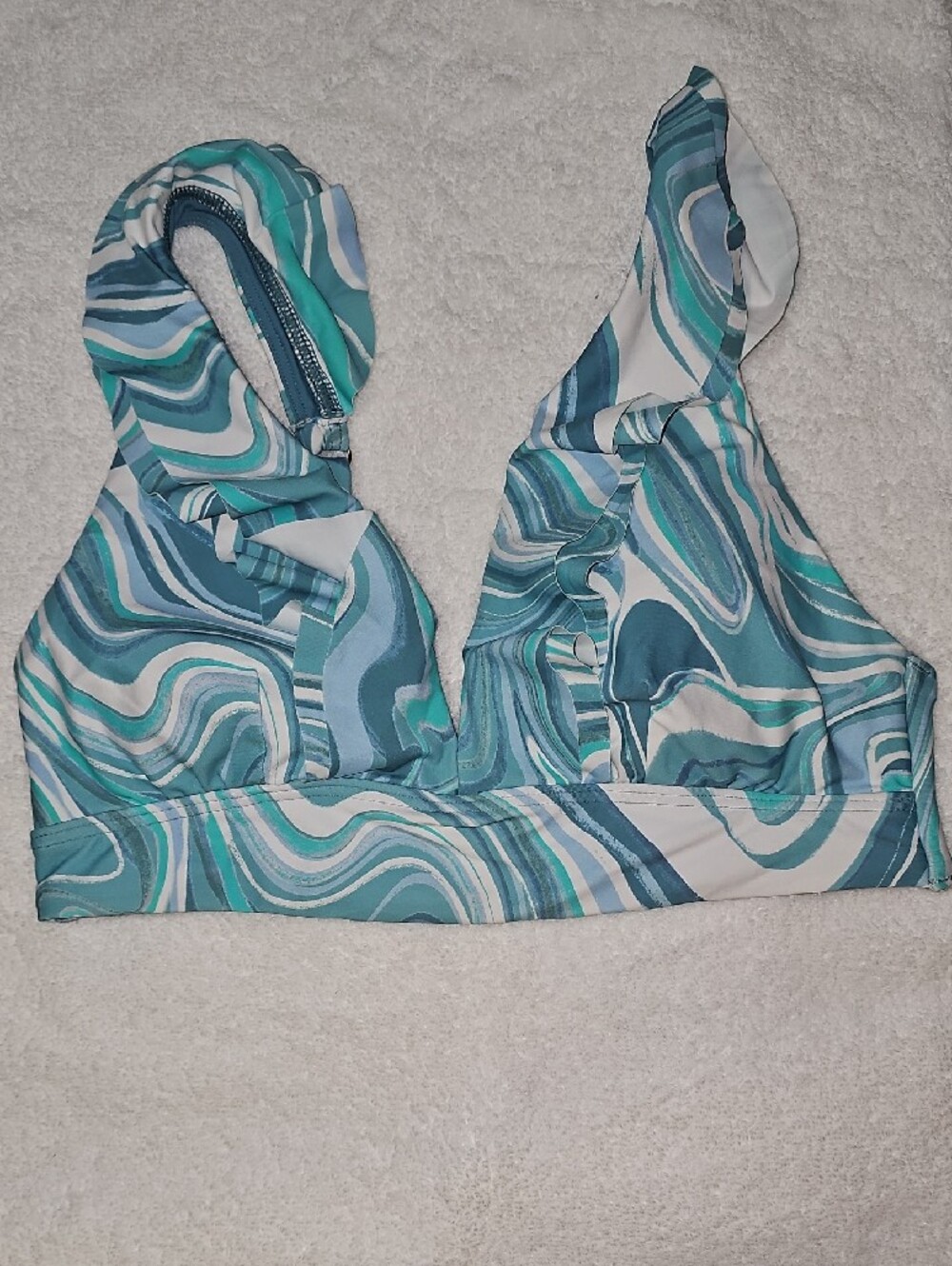 Blue Teal Marble-Print Ruffle Halter Bikini - Picture 4 of 6